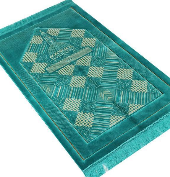 Modefa Plush Velvet Islamic Turkish Prayer Rug Turquoise