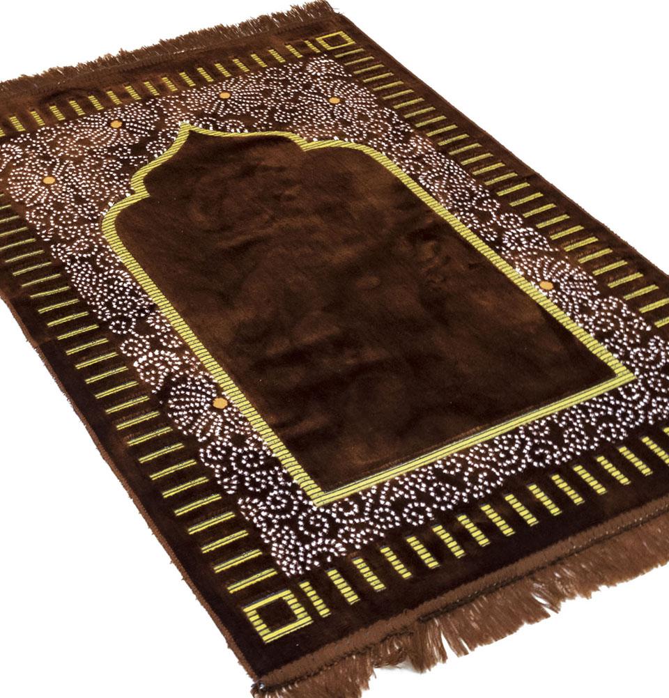 Prayer Rug Basic Brown Velvet Floral Daisy Arch Islamic Prayer Rug - Brown