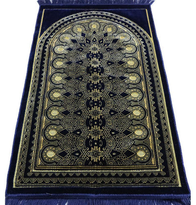 Velvet Geometric Arch Islamic Prayer Rug - Navy Blue