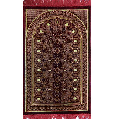 Velvet Geometric Arch Islamic Prayer Rug - Red/Yellow