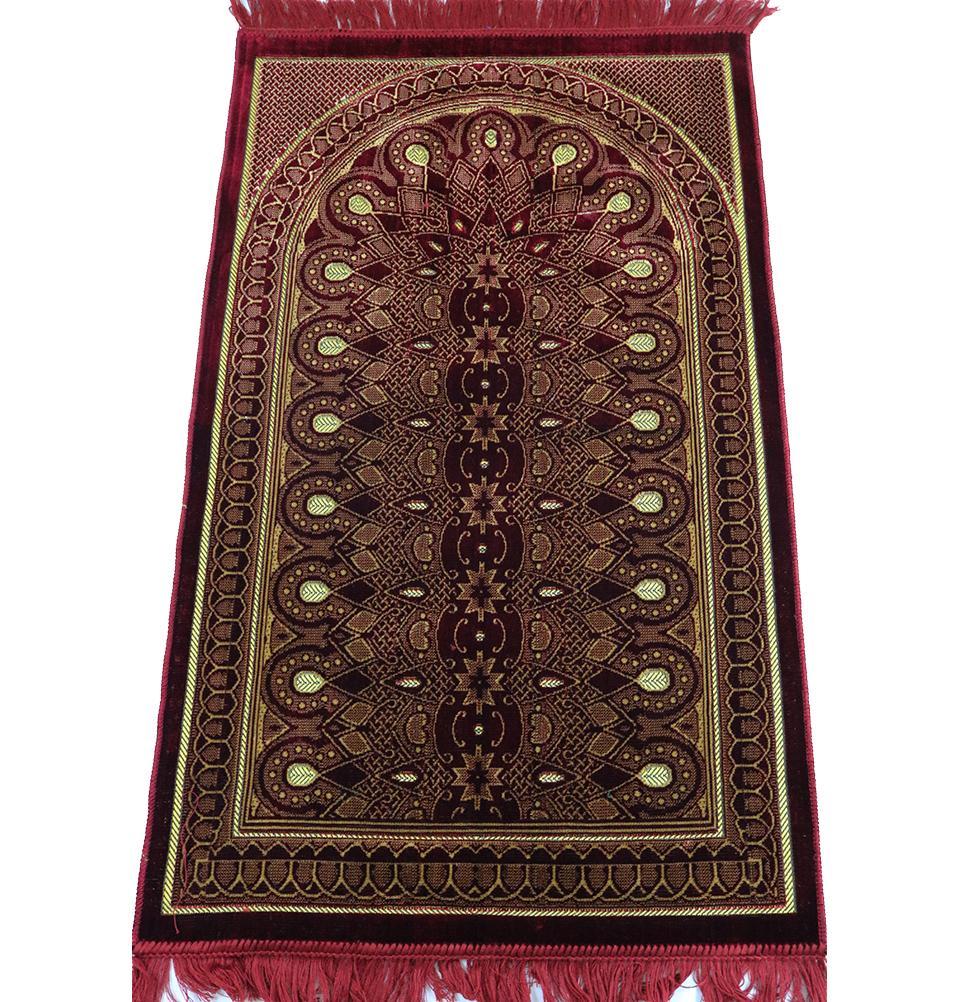 Velvet Geometric Arch Islamic Prayer Rug - Red/Yellow