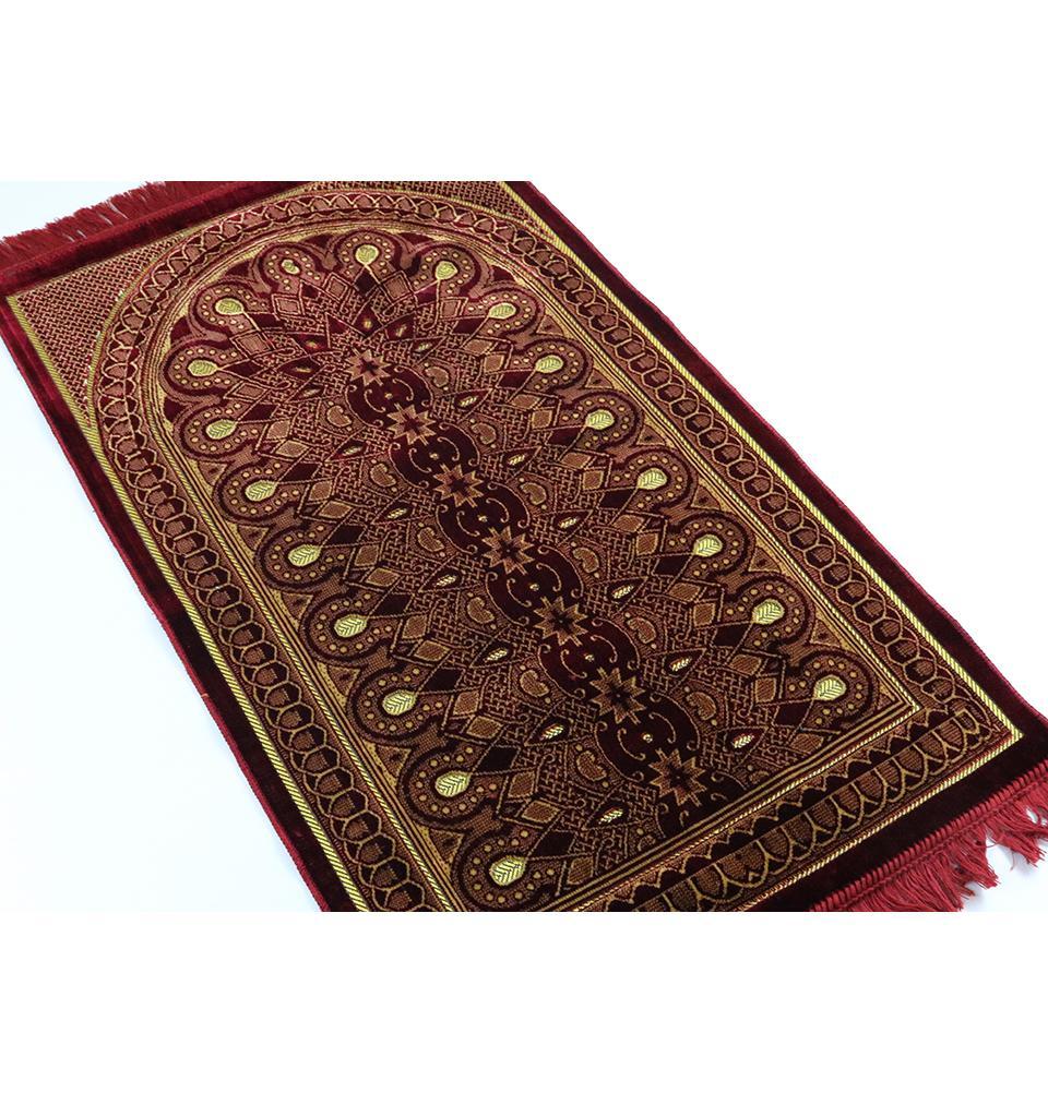 Velvet Geometric Arch Islamic Prayer Rug - Red/Yellow