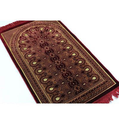 Velvet Geometric Arch Islamic Prayer Rug - Red/Yellow