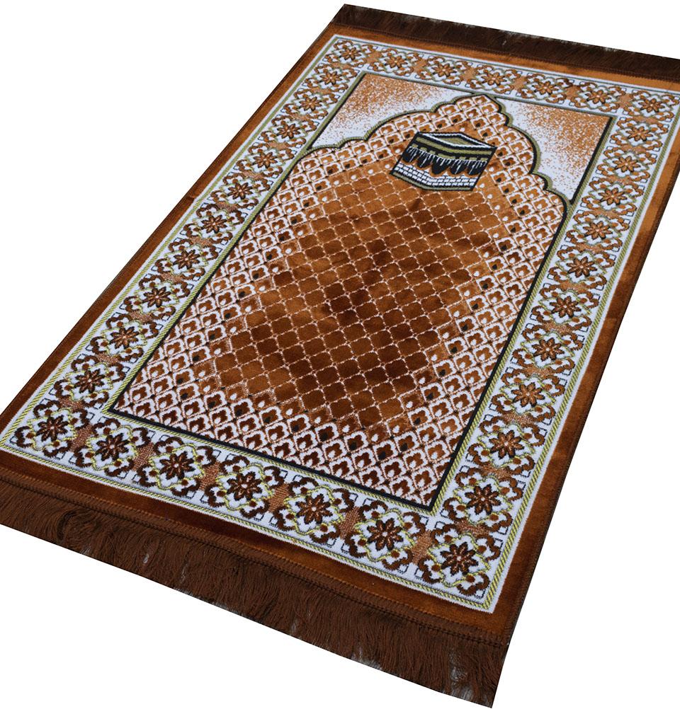 Modefa Prayer Rug Velvet Geometric Lattice Kaba Islamic Prayer Rug - Burnt Orange