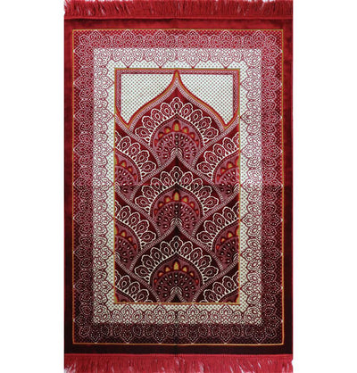 Velvet Wide Large Islamic Prayer Rug - Paisley Red