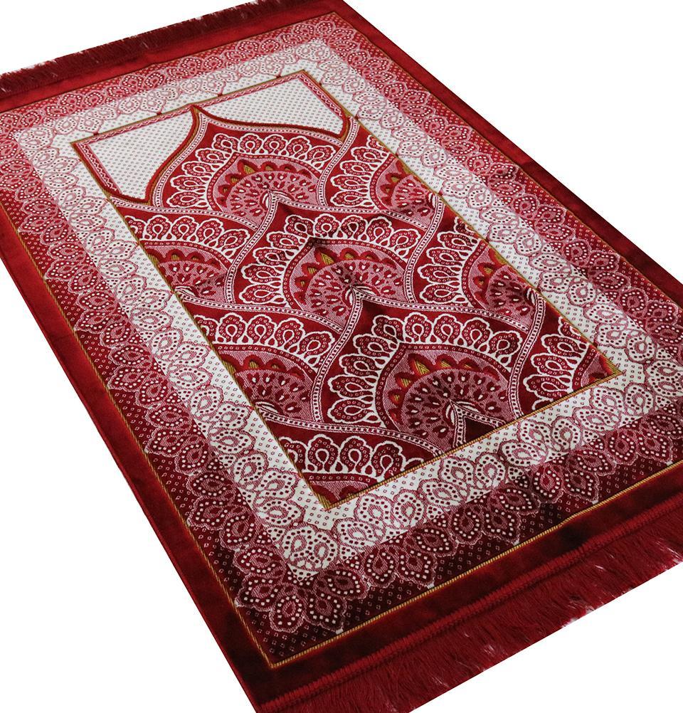 Velvet Wide Large Islamic Prayer Rug - Paisley Red