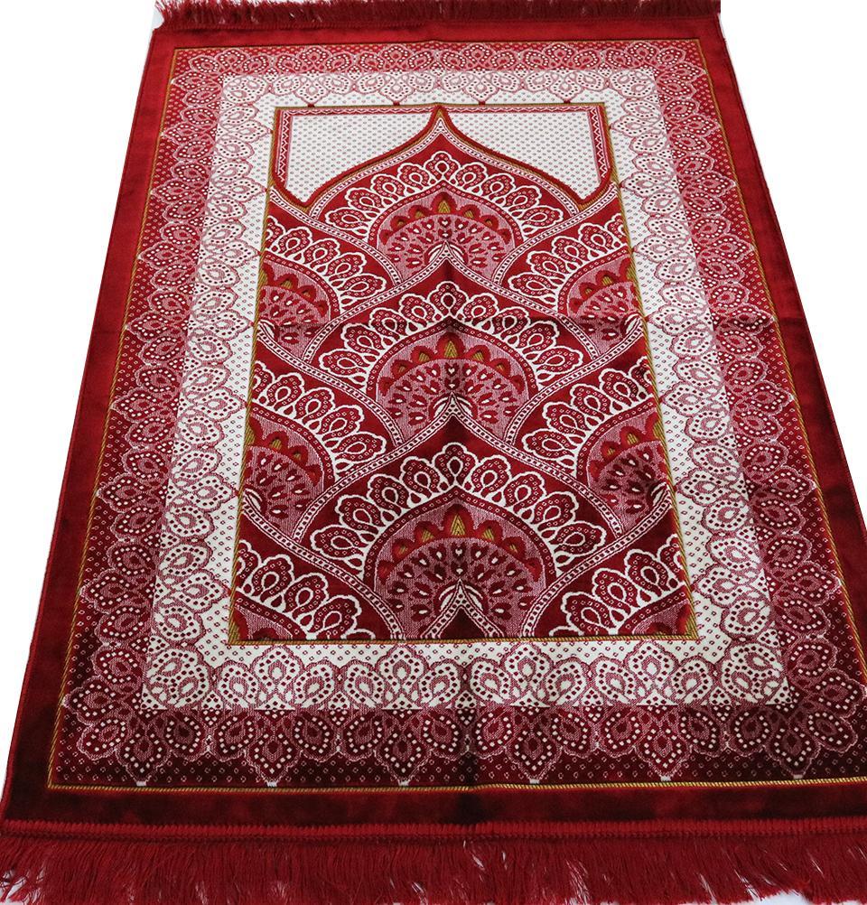 Velvet Wide Large Islamic Prayer Rug - Paisley Red