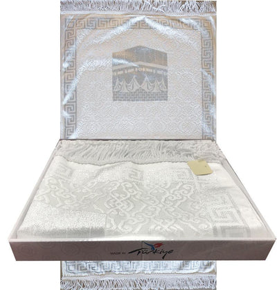 Luxury Thin Velvet Islamic Prayer Mat Gift Box Kaba White with Silver
