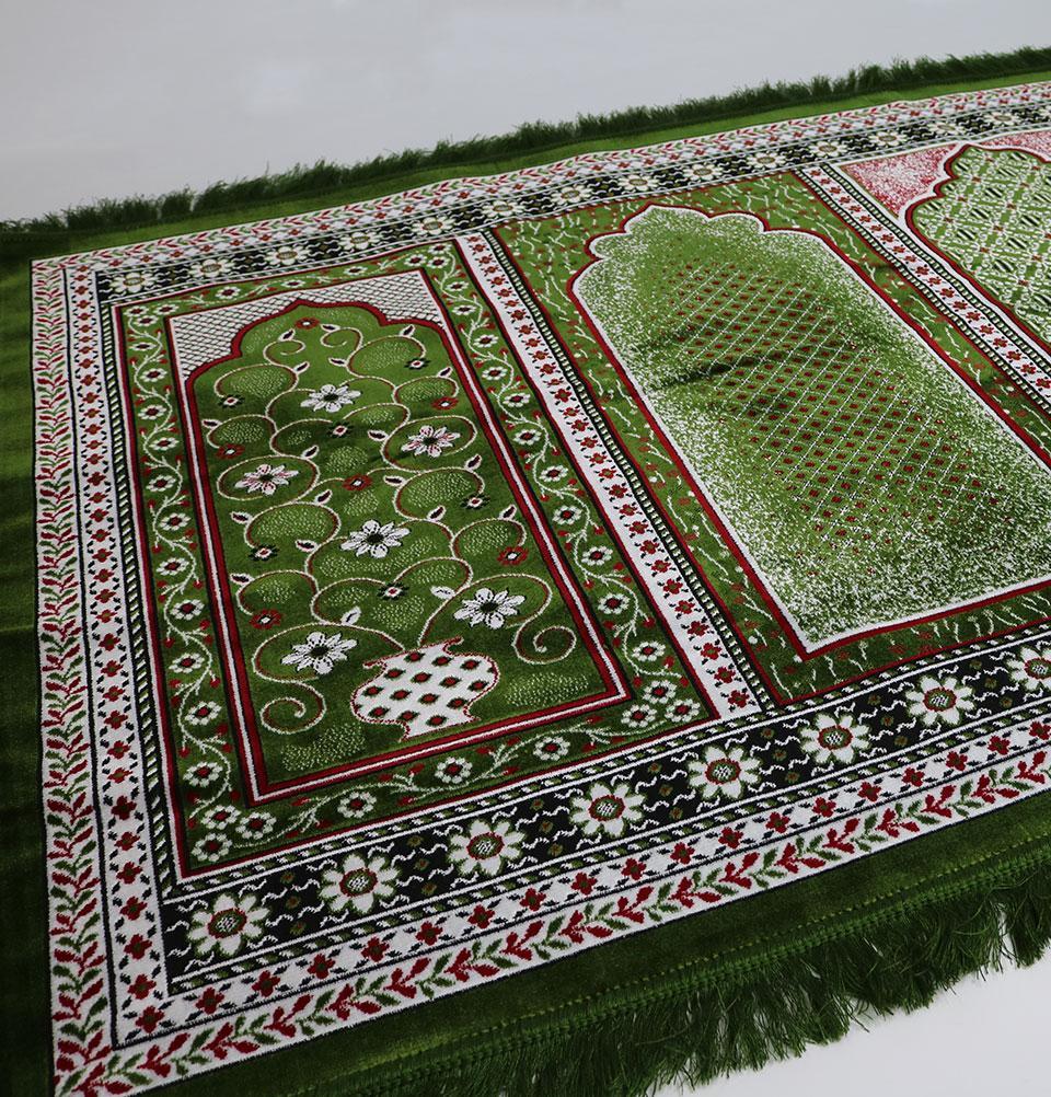 Wide 5 Person Masjid Islamic Prayer Rug - Floral Green & Red