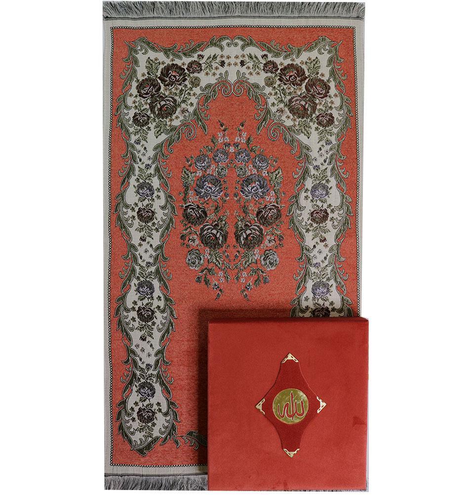 Women's Luxury Islamic Quran & Prayer Rug Gift Set 6 Pieces in Velvet Box - Salmon