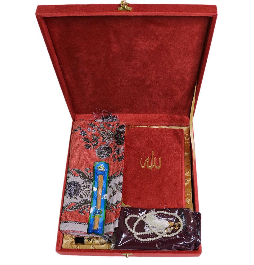 Women's Luxury Islamic Quran & Prayer Rug Gift Set 6 Pieces in Velvet Box - Salmon