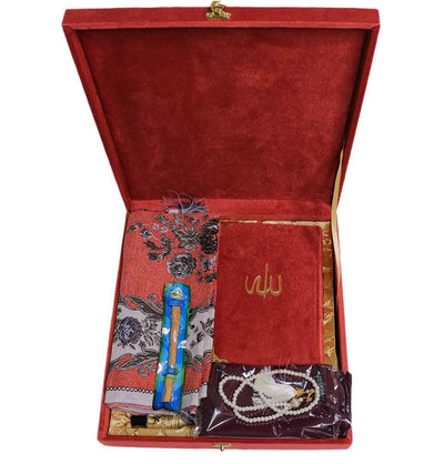 Women's Luxury Islamic Quran & Prayer Rug Gift Set 6 Pieces in Velvet Box - Salmon