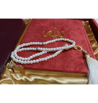 Women's Luxury Islamic Quran & Prayer Rug Gift Set 6 Pieces in Velvet Box - Salmon
