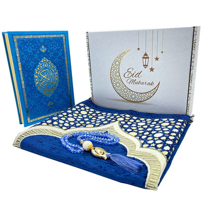 Modefa Ramadan &amp; Eid Party Blue Eid Mubarak Gift Box Set - Prayer Mat, Quran & Tesbih - Blue