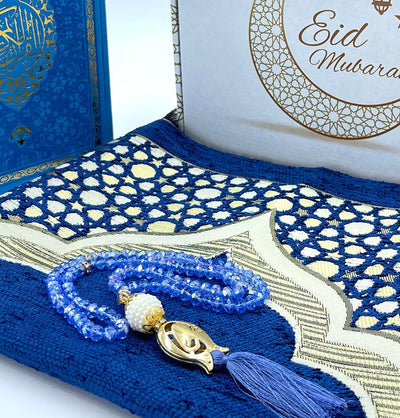 Modefa Ramadan &amp; Eid Party Blue Eid Mubarak Gift Box Set - Prayer Mat, Quran & Tesbih - Blue