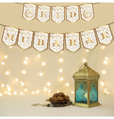 Modefa Ramadan & Eid Party Eid Mubarak Banner - White & Gold