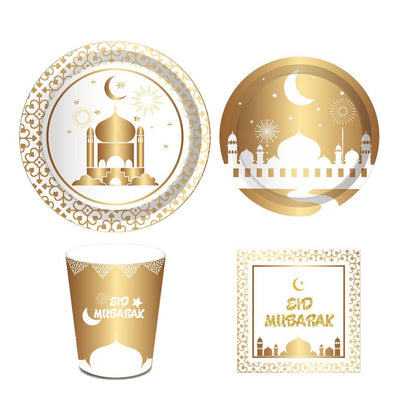 Modefa Ramadan & Eid Party Eid Mubarak Disposable Dinner Set for 8 - Plates, Cups, Napkins - White
