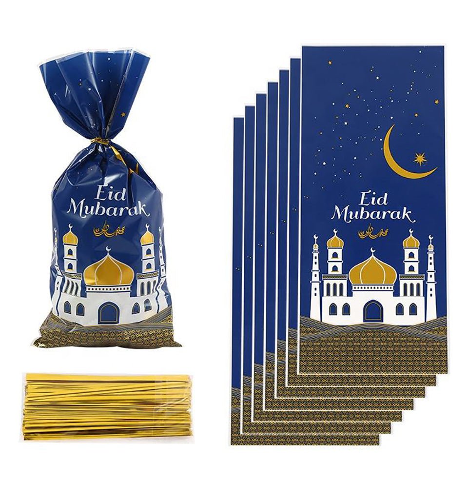 Modefa Ramadan & Eid Party Party Favor Bags - Eid Mubarak Blue & Gold - Set of 10