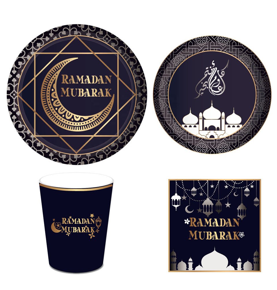 Modefa Ramadan & Eid Party Ramadan Mubarak Disposable Dinner Set for 8 - Plates, Cups, Napkins - Black