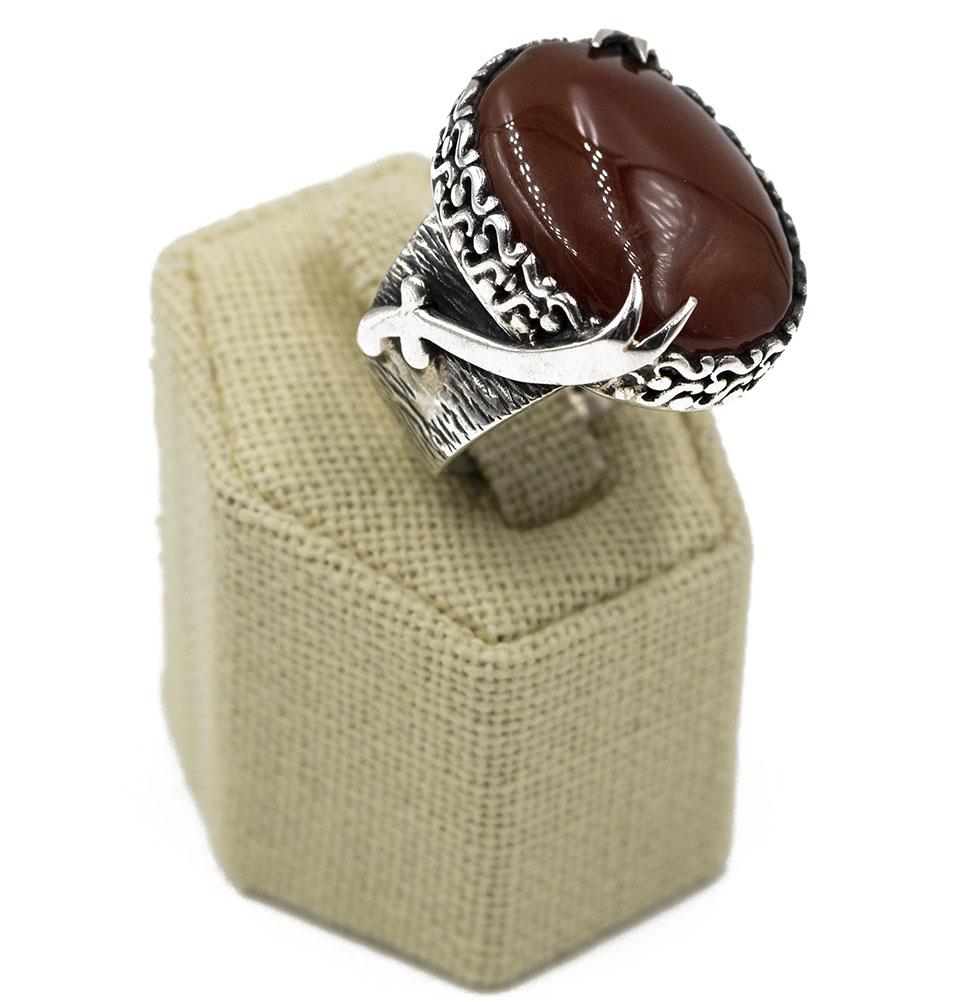 Modefa ring 11 Men's Sterling Silver & Yemeni Agate Ring | Hazrat Ali Sword with Red Oval Stone