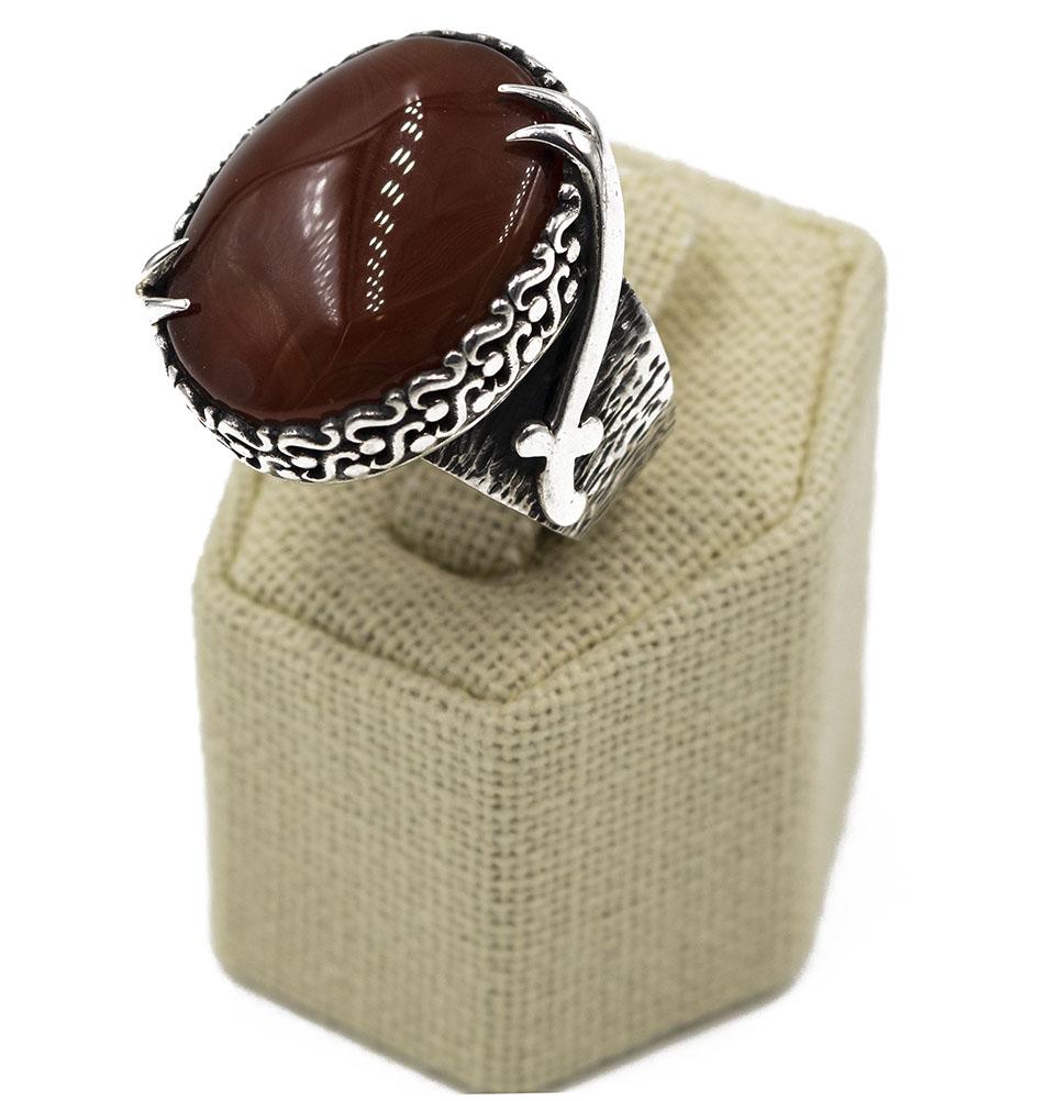 Modefa ring 11 Men's Sterling Silver & Yemeni Agate Ring | Hazrat Ali Sword with Red Oval Stone