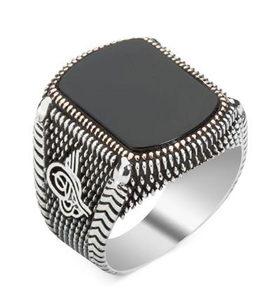 Men's Silver Turkish Ring Black Onyx with Tughra