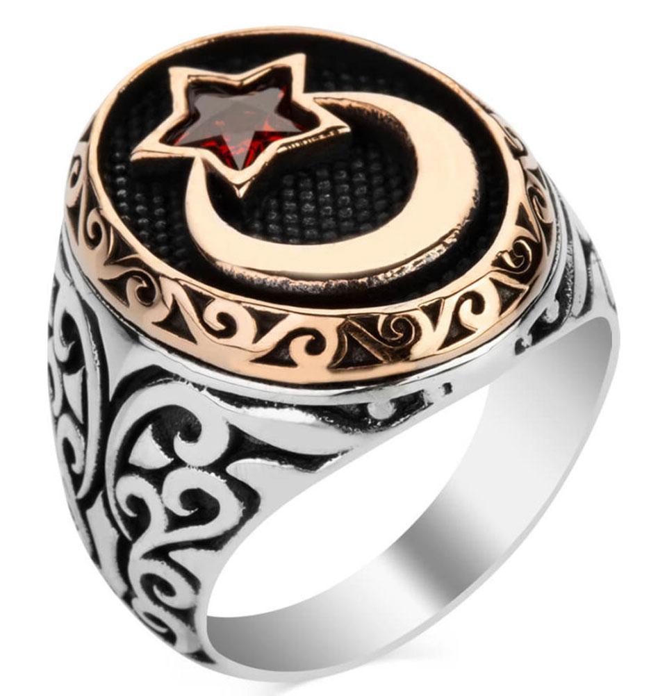 Men's Silver Islamic Ottoman Ring Crescent Moon & Star