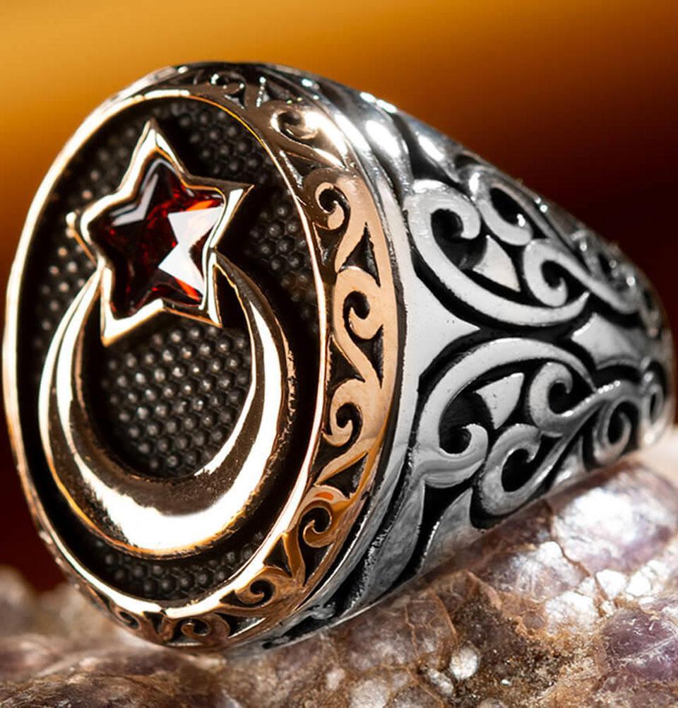 Men's Silver Islamic Ottoman Ring Crescent Moon & Star