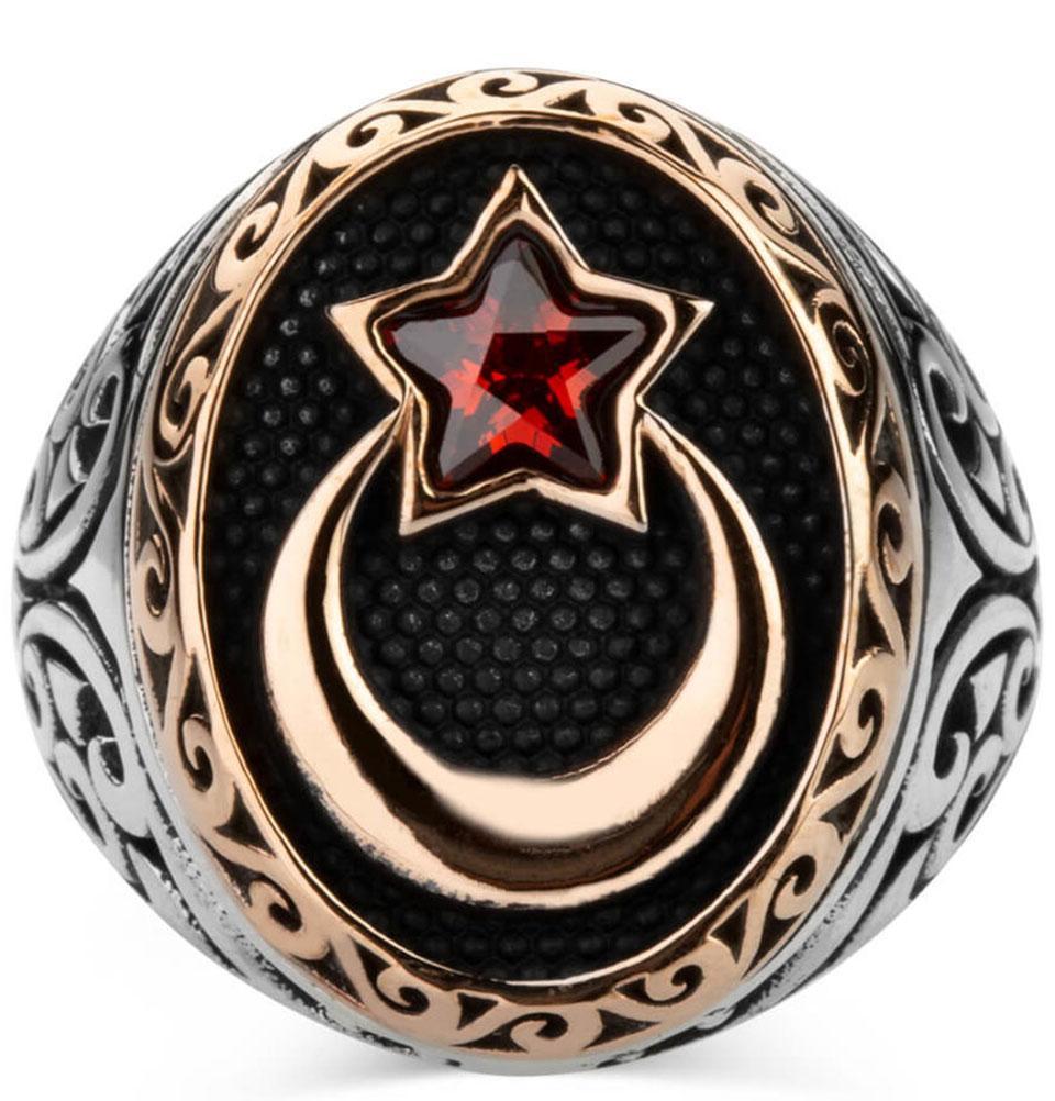 Men's Silver Islamic Ottoman Ring Crescent Moon & Star
