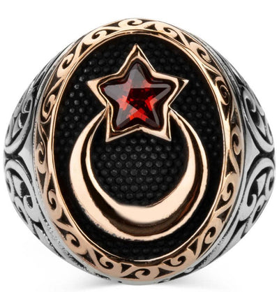Men's Silver Islamic Ottoman Ring Crescent Moon & Star