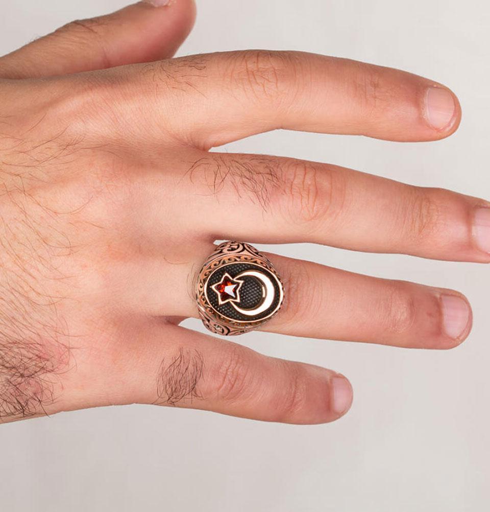 Men's Silver Islamic Ottoman Ring Crescent Moon & Star