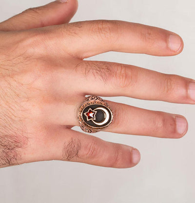 Men's Silver Islamic Ottoman Ring Crescent Moon & Star
