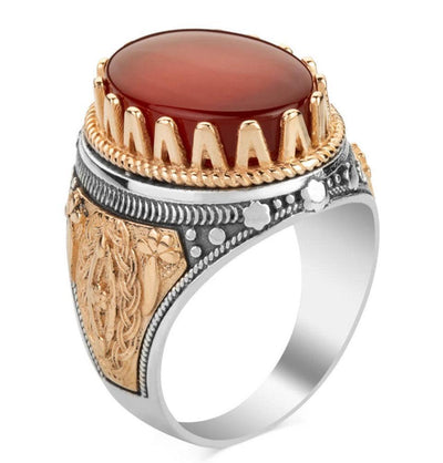 Men's Silver Turkish Ring Burgundy Agate