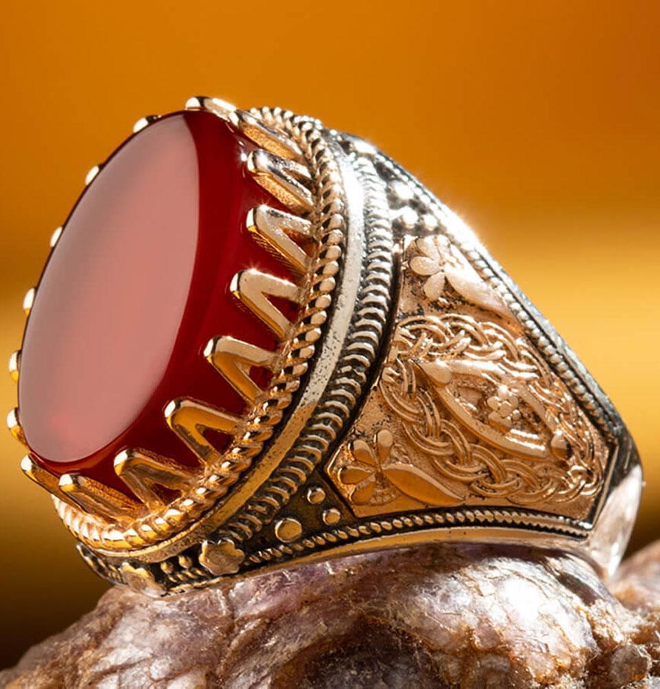 Men's Silver Turkish Ring Burgundy Agate