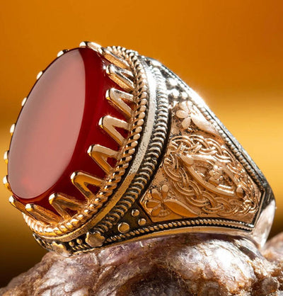 Men's Silver Turkish Ring Burgundy Agate