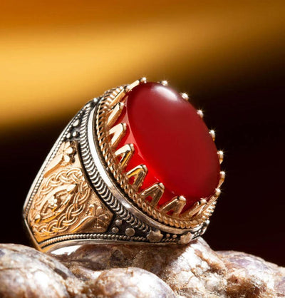 Men's Silver Turkish Ring Burgundy Agate