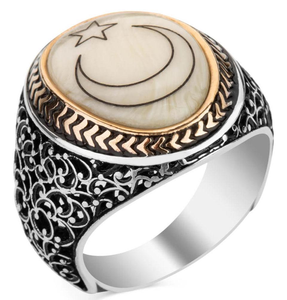 Men's Silver Turkish Ring Mother of Pearl with Crescent Moon & Star