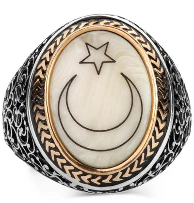 Men's Silver Turkish Ring Mother of Pearl with Crescent Moon & Star
