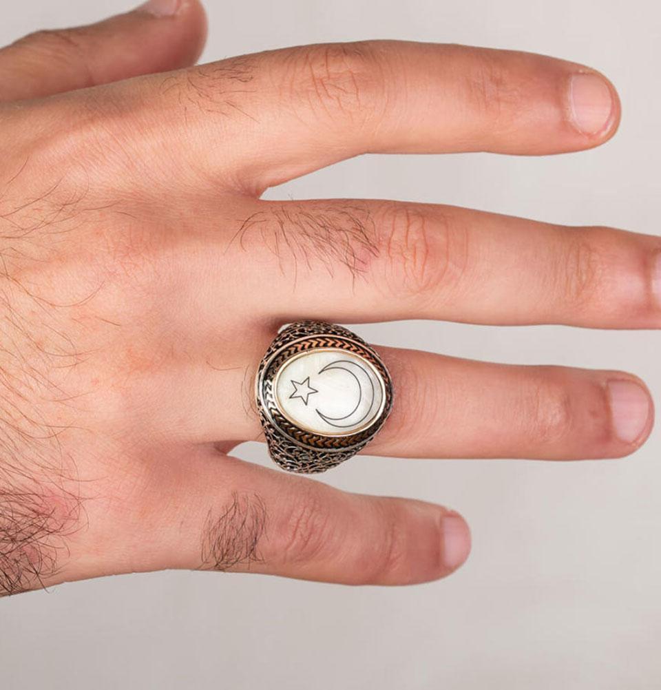 Men's Silver Turkish Ring Mother of Pearl with Crescent Moon & Star