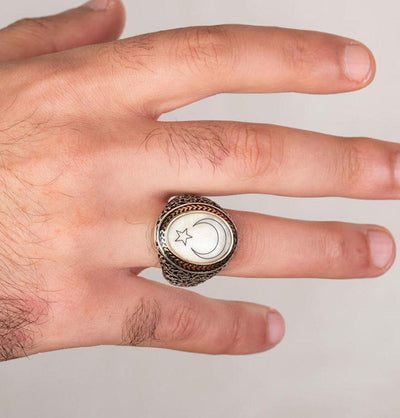 Men's Silver Turkish Ring Mother of Pearl with Crescent Moon & Star