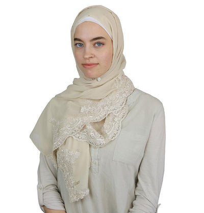 Lux Lace Trim Chiffon Hijab Shawl Beige