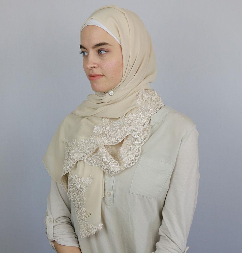 Lux Lace Trim Chiffon Hijab Shawl Beige