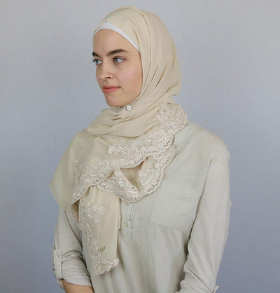 Lux Lace Trim Chiffon Hijab Shawl Beige