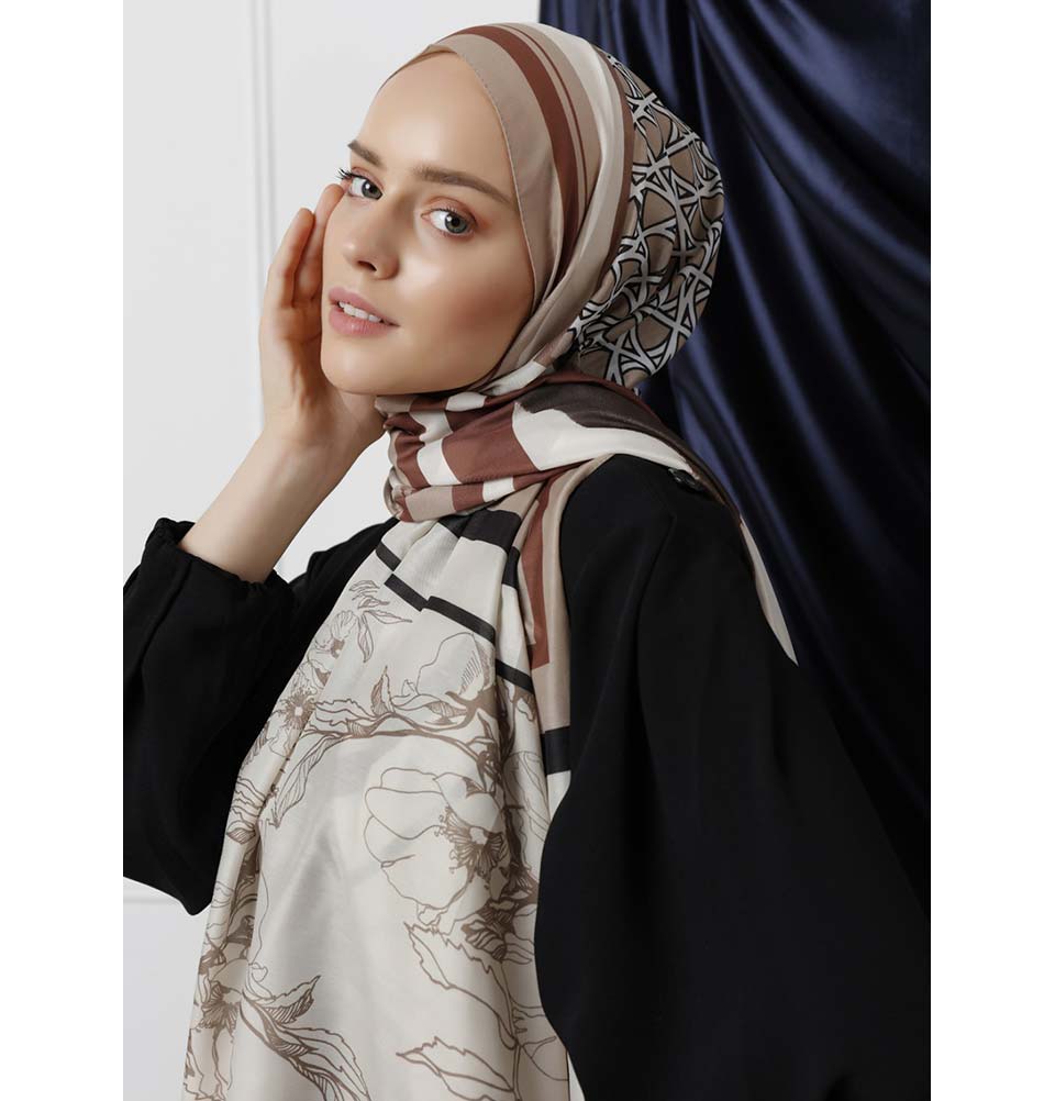 Modefa Shawl Black/Beige Modefa Tri-Panel Hijab Shawls | Whimsical Flowers - Black & Beige