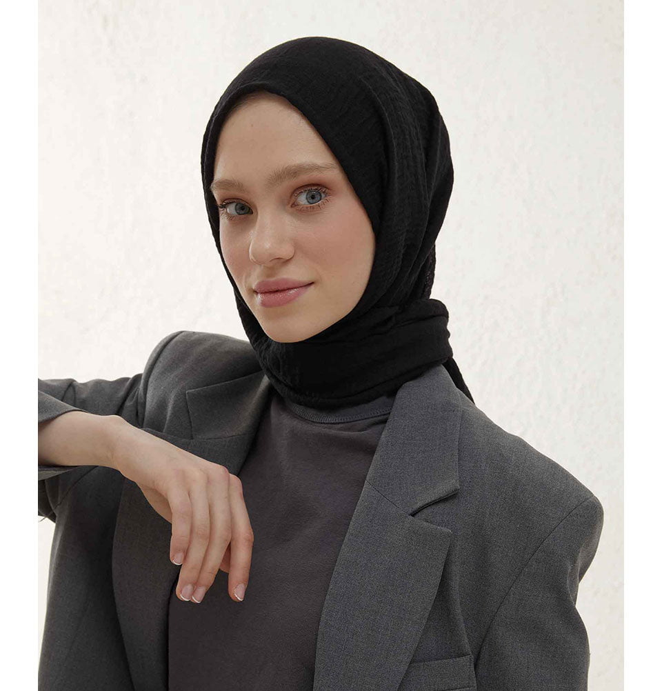 Modefa Shawl Black Cozy Crepe Cotton Hijab Shawl - Black