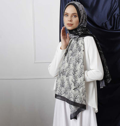 Modefa Shawl Black/Gray Modefa Tri-Panel Hijab Shawls | Blooming Branches - Black & Gray