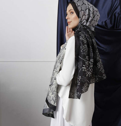 Modefa Shawl Black/Gray Modefa Tri-Panel Hijab Shawls | Blooming Branches - Black & Gray