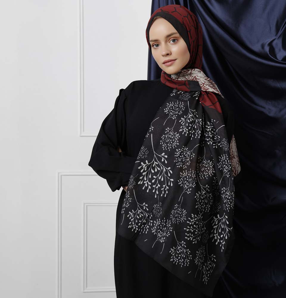 Modefa Shawl Black/Maroon Modefa Tri-Panel Hijab Shawls | Blooming Branches - Black & Maroon