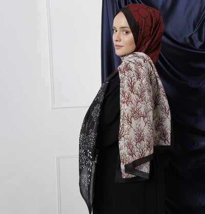 Modefa Shawl Black/Maroon Modefa Tri-Panel Hijab Shawls | Blooming Branches - Black & Maroon
