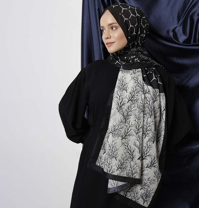 Modefa Shawl Black Modefa Tri-Panel Hijab Shawls | Blooming Branches - Black